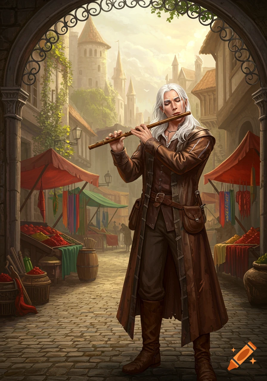 A white-haired medieval bard in a leather coat plays a flute in a bustling market square.