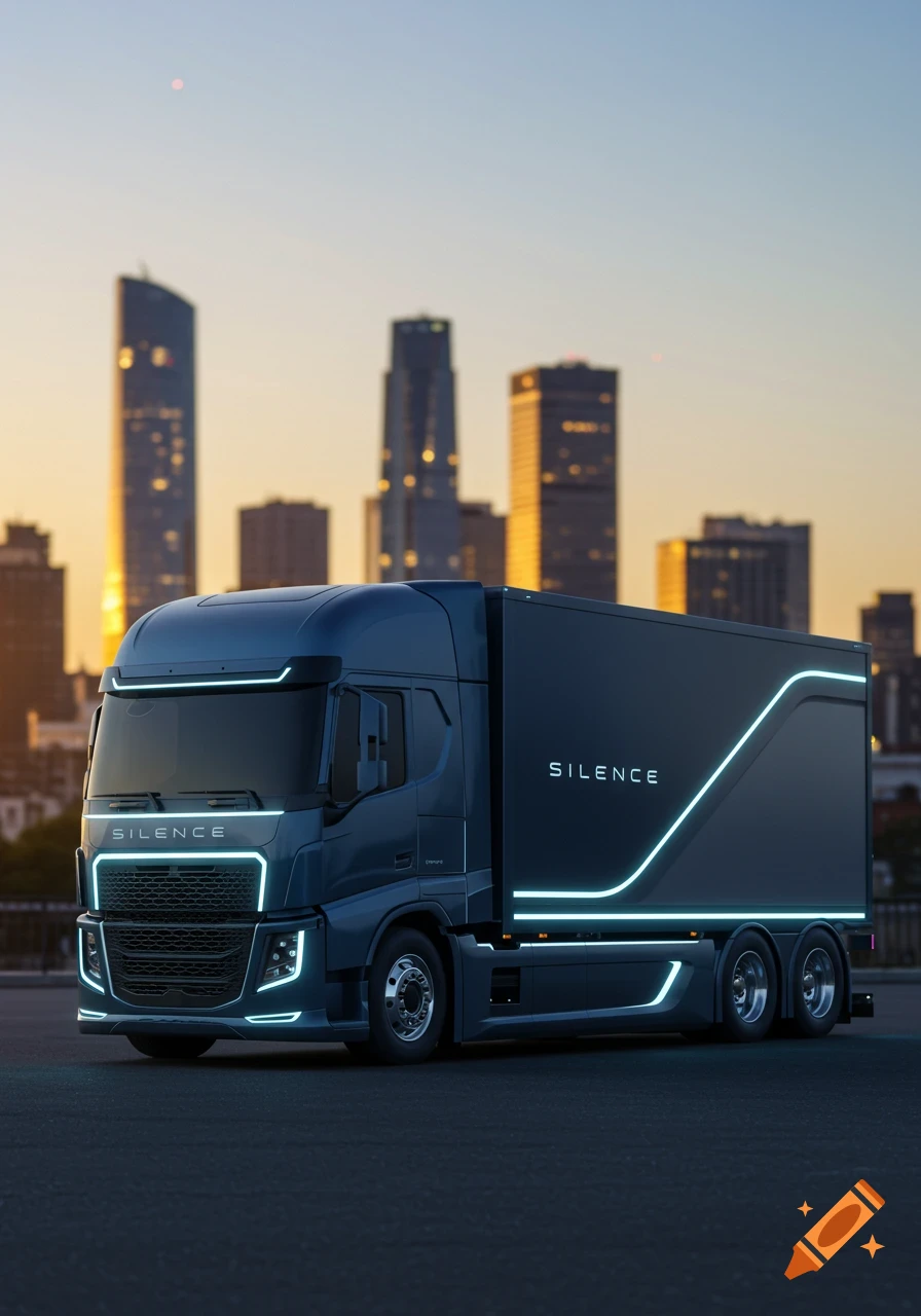 A sleek, dark blue futuristic electric truck with neon blue lighting and 'SILENCE' written on its side, parked in a city at sunset.