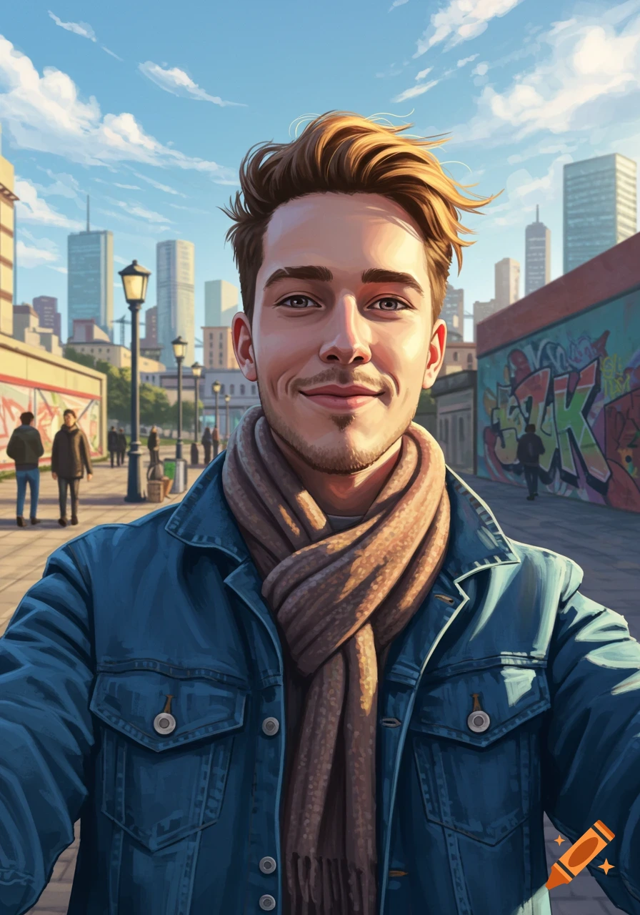 A smiling young man in a denim jacket and scarf takes a selfie on a city street with graffiti on a wall in the background, in an animated style.