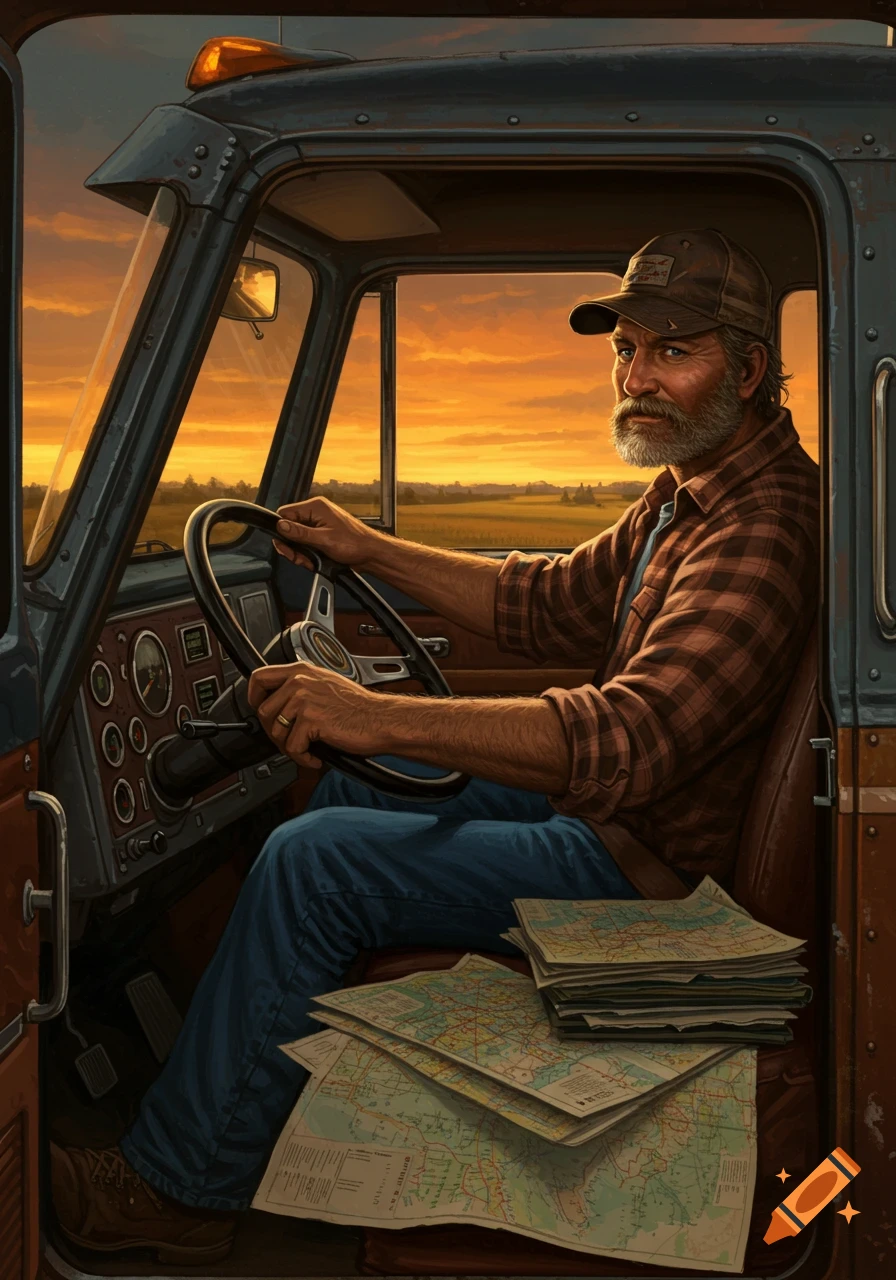 Bearded man in a plaid shirt and cap drives a truck during sunset, with maps on the seat, in a detailed digital painting.