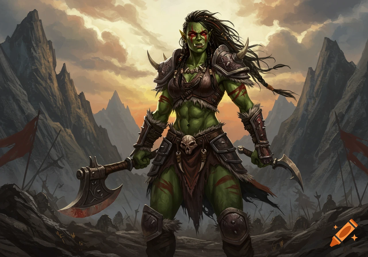 A fierce green-skinned female orc warrior in battle armor, holding an axe and knife, stands on a desolate, mountainous battlefield at sunset.
