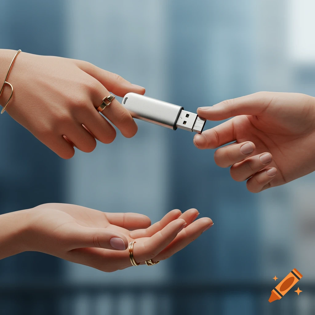 Two hands exchanging a silver USB stick, with a third open hand below, on a blurred background.