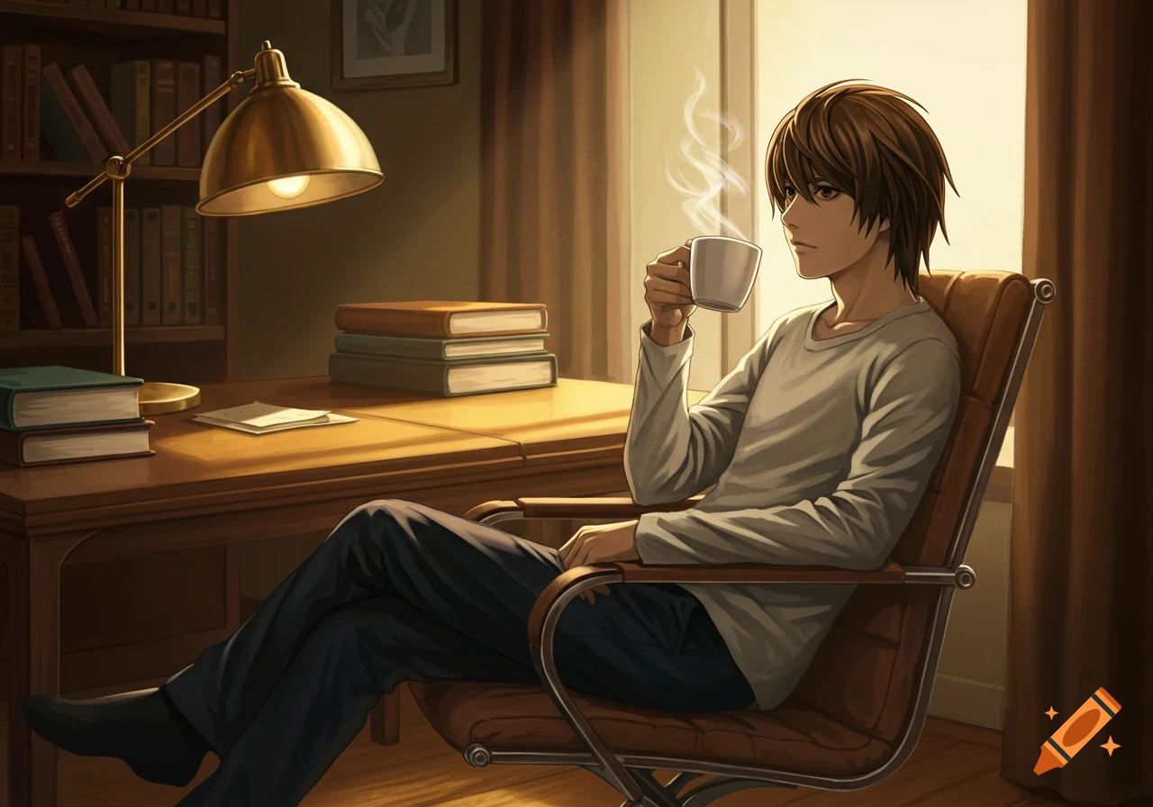 Anime illustration of Light Yagami relaxing in a chair, holding a steaming coffee cup at a wooden desk with books.