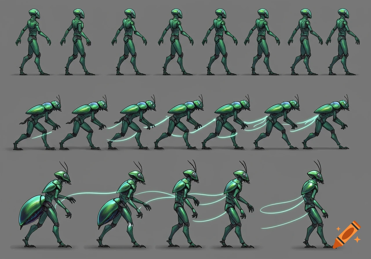 Animation sheet displaying a walk cycle of a green humanoid insectoid creature, gradually transforming with a large beetle-like abdomen.
