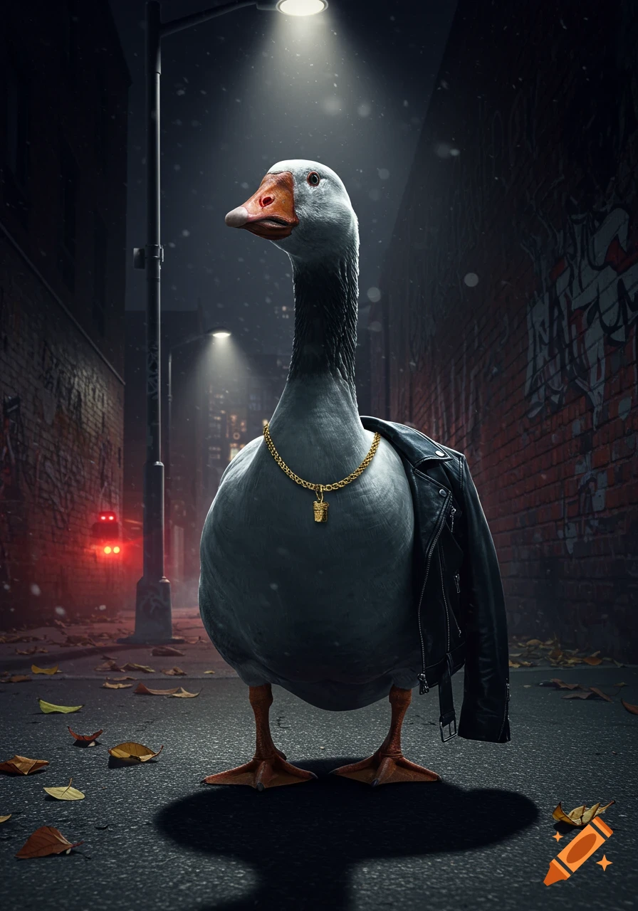 A photorealistic image of a goose wearing a leather jacket and a gold chain, standing in a dark, wet alley under a streetlamp.