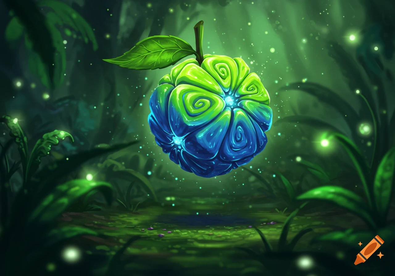 A glowing, two-toned blue and green stylized fruit floats in a dark, mystical forest with fireflies.