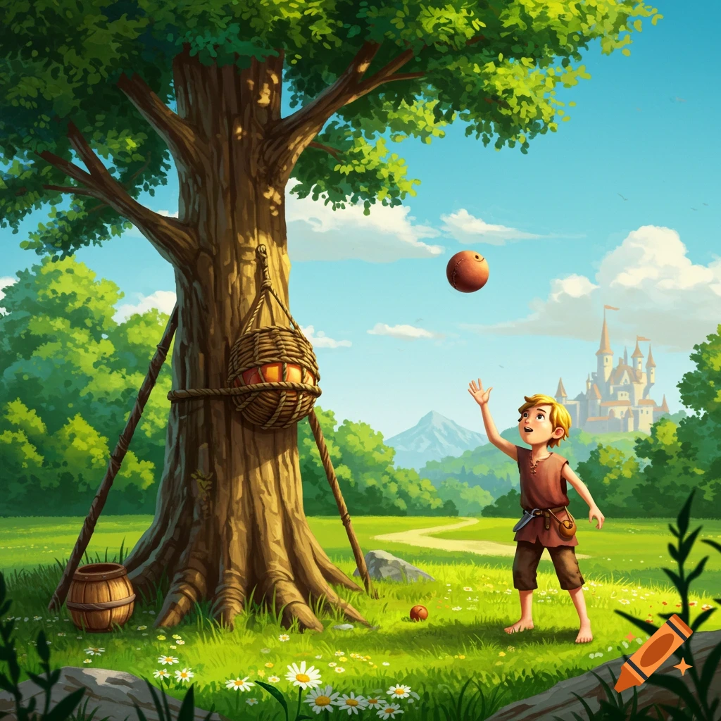 A young barefoot boy in medieval attire plays a game by a large tree, throwing a ball towards a basket hanging from it, with a castle in the distance.