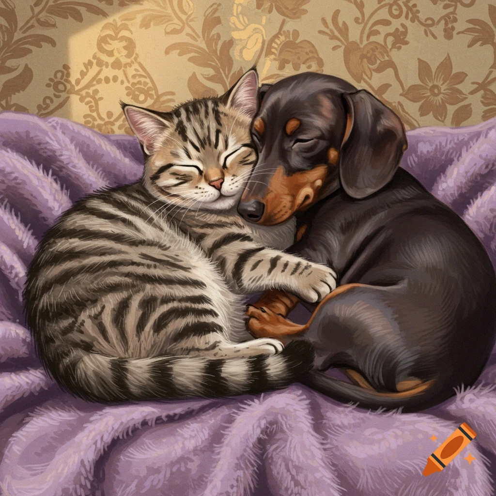 A striped tabby cat and a black and tan dachshund cuddle together on a purple blanket.