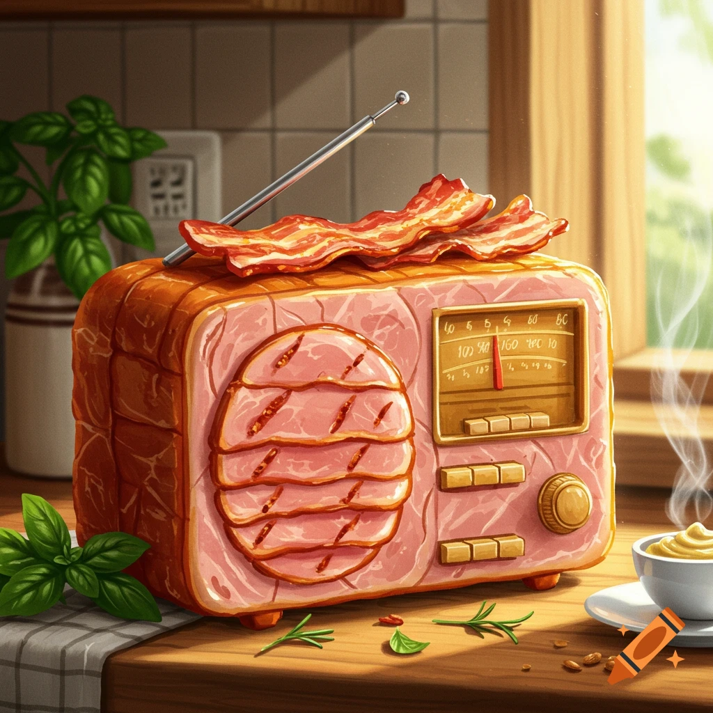 A radio made of ham and bacon sits on a kitchen counter with basil and a steaming cup.