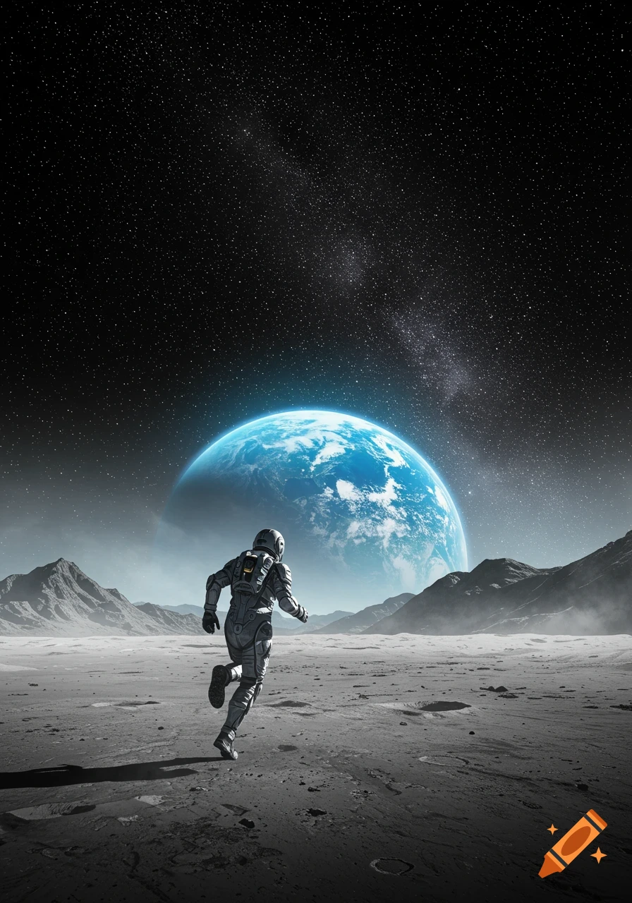 An astronaut runs across a cratered moonscape under a starry sky with a large blue planet in the background.