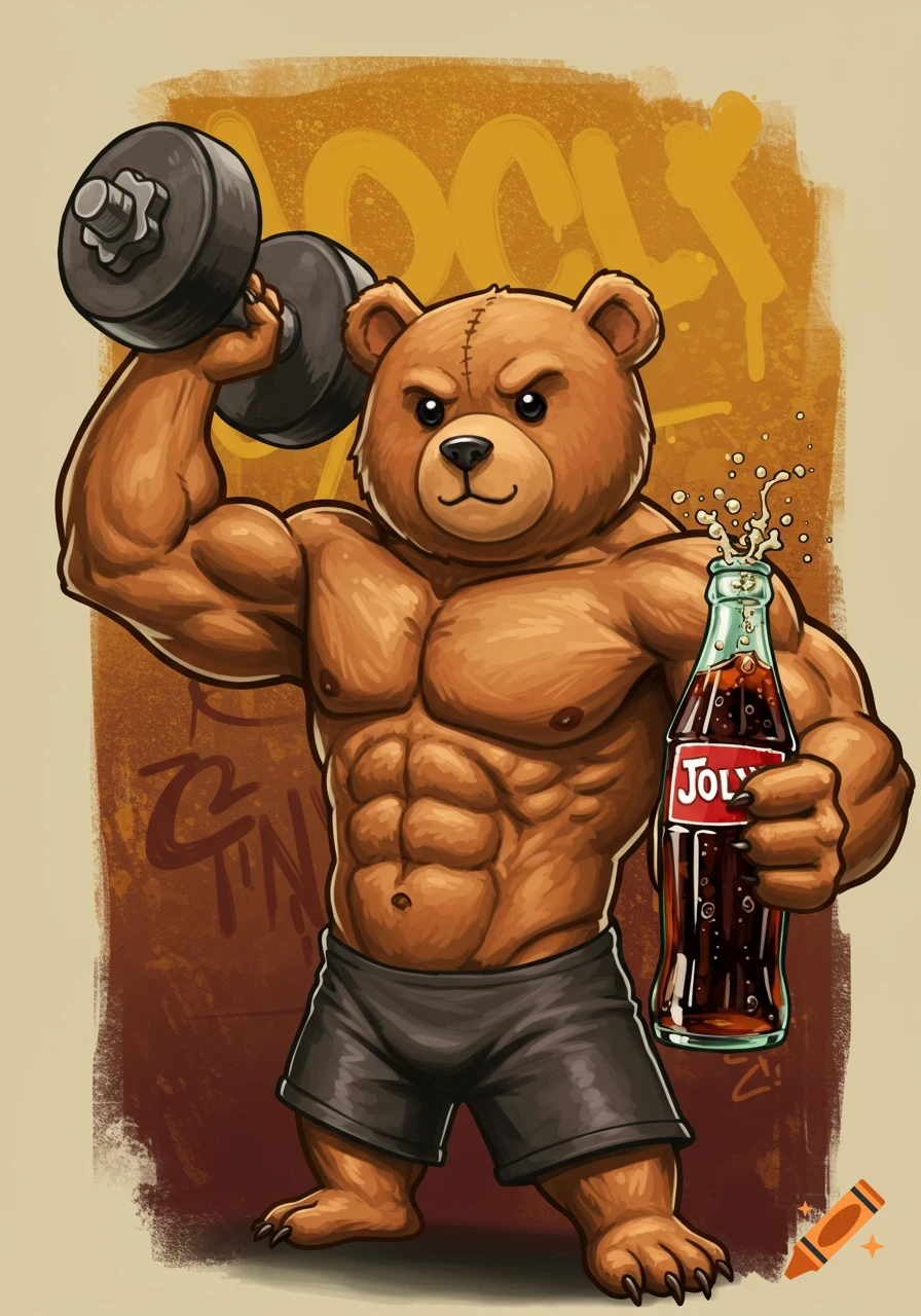 A muscular, cartoon teddy bear lifts a dumbbell and holds a fizzing soda bottle. Cartoon style.