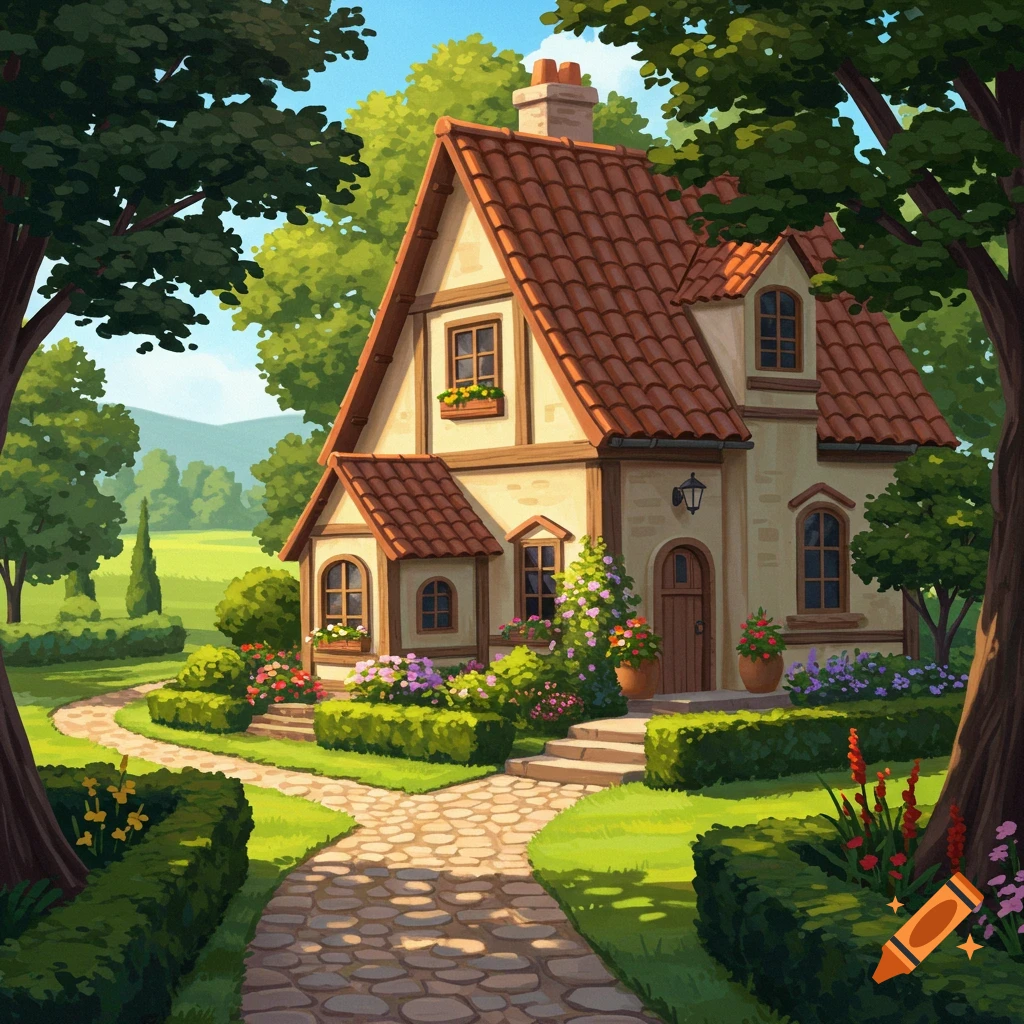 Illustrated charming house with a red-tiled roof, beige facade, and a stone path through a lush garden with trees and flowers.