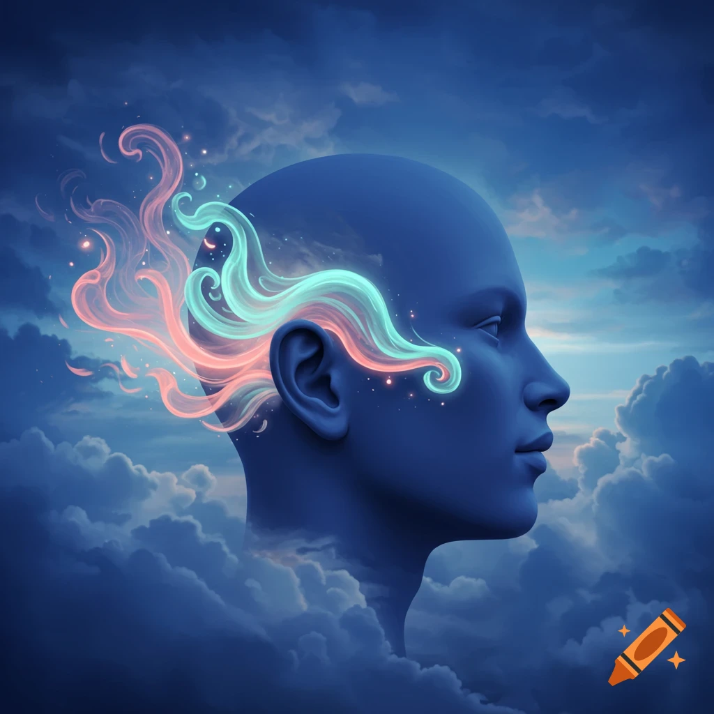 Dreamlike digital art of a blue, bald head in profile, with glowing pink and turquoise energy swirling from its ear against a cloudy blue sky.