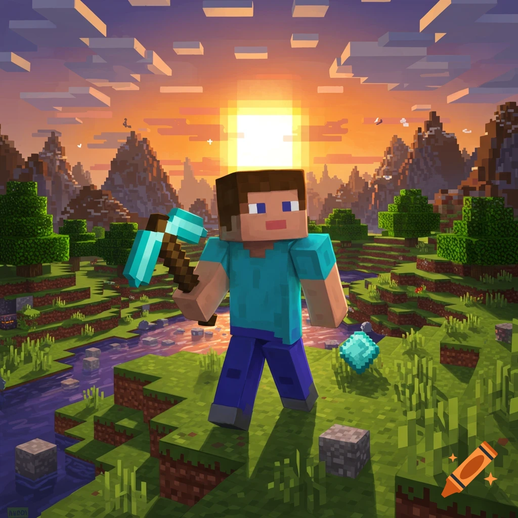 Minecraft character Steve holds a diamond pickaxe in a blocky, pixelated landscape with mountains, trees, and a river under a sunset sky.
