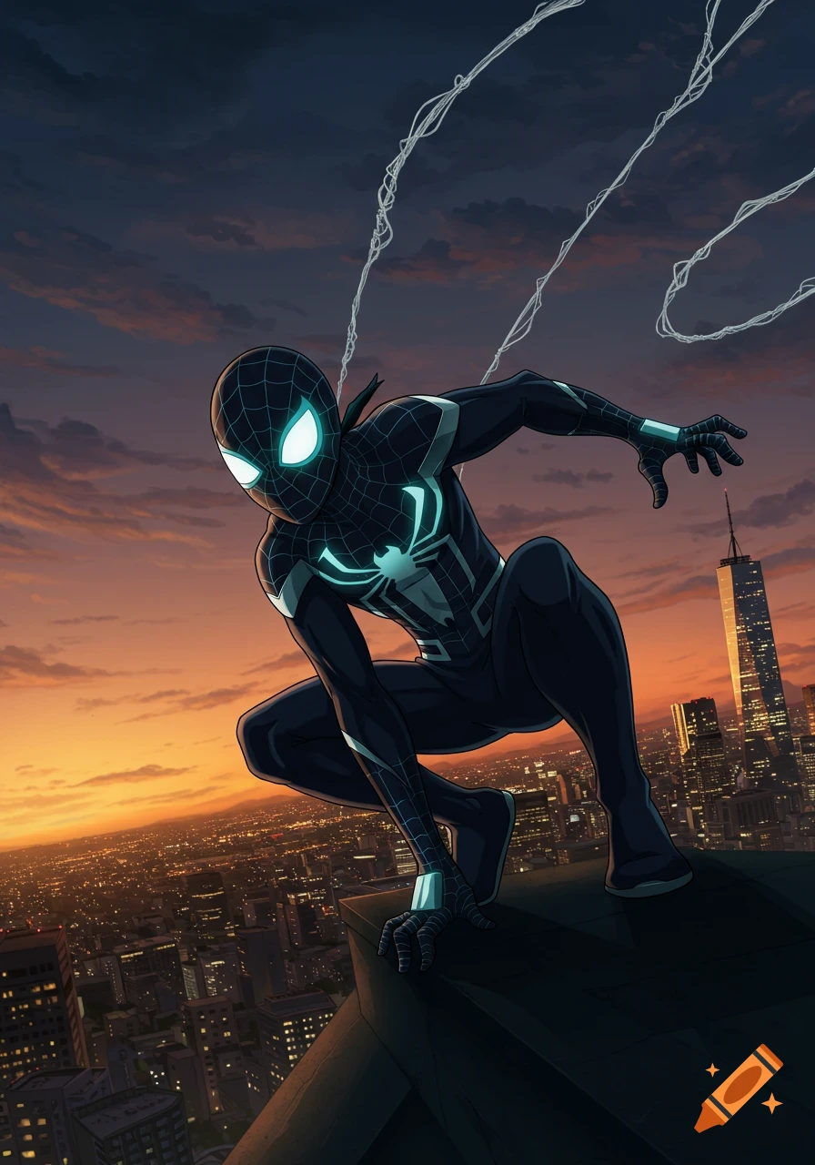 Black-suited Spider-Man with glowing teal accents crouches on a rooftop overlooking a city at sunset.