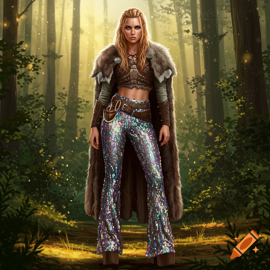 A strong female character wearing a viking fur cape and leather top with shiny sequined bell-bottom pants stands in a mystical, sun-dappled forest.