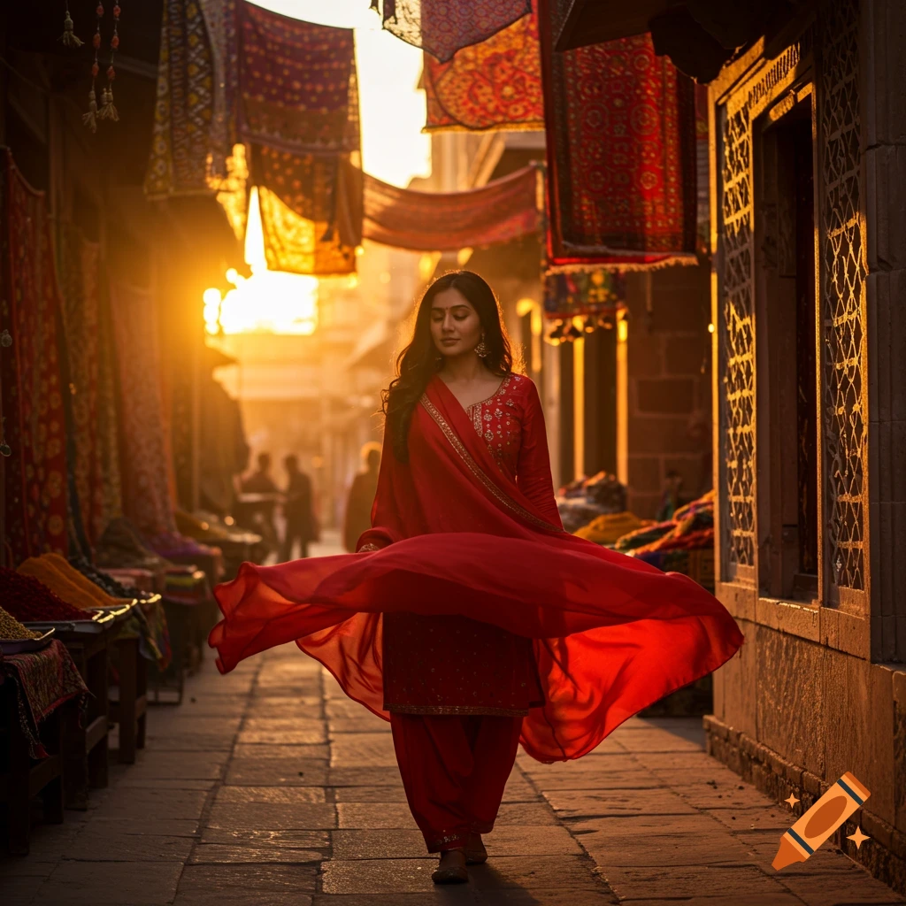 A woman in a red salwar kameez walks through a bustling market at sunset, with colorful textiles hanging above.
