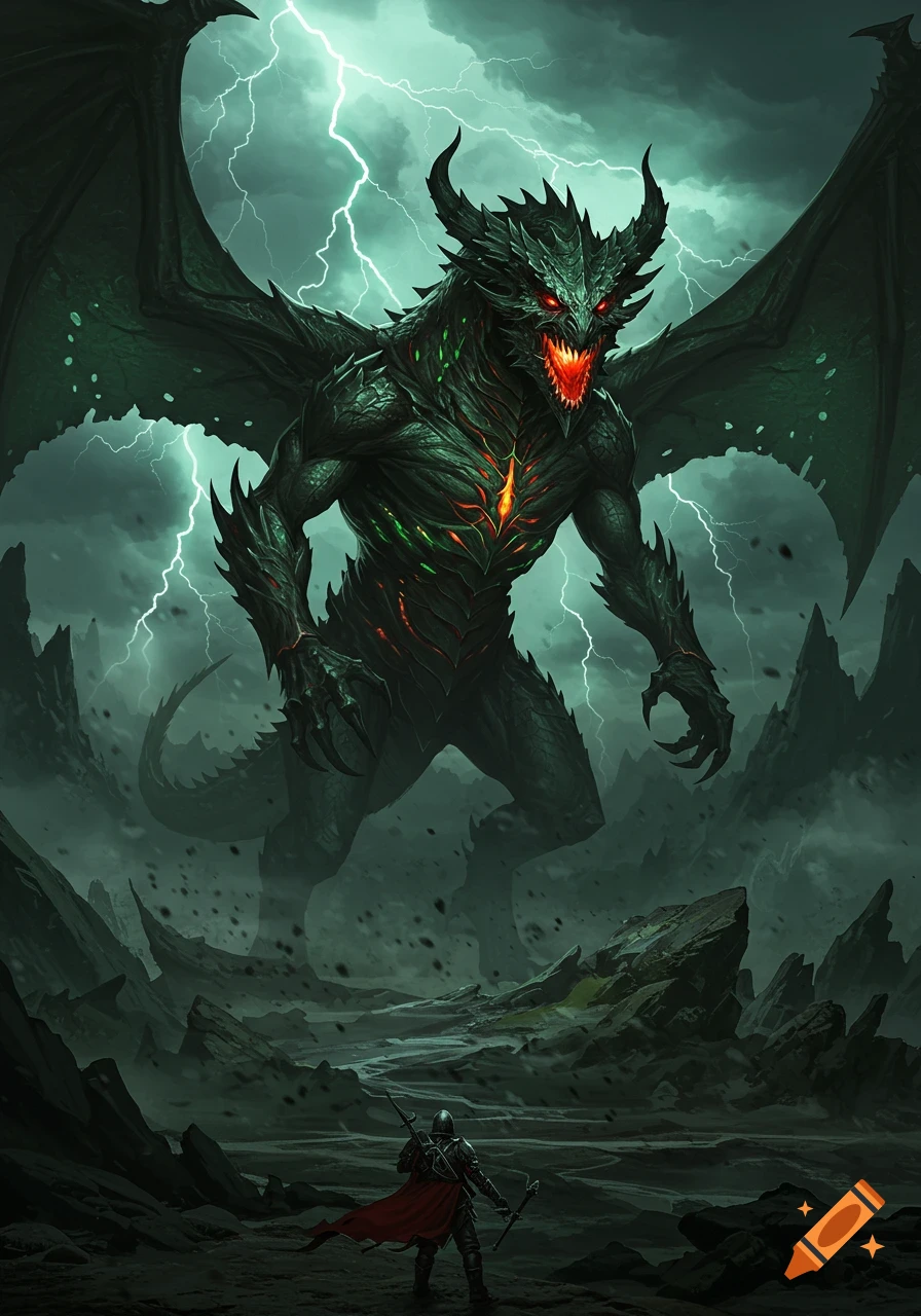 A massive dark dragon with glowing red eyes and chest looms over a tiny knight in a stormy, rocky fantasy landscape with lightning.