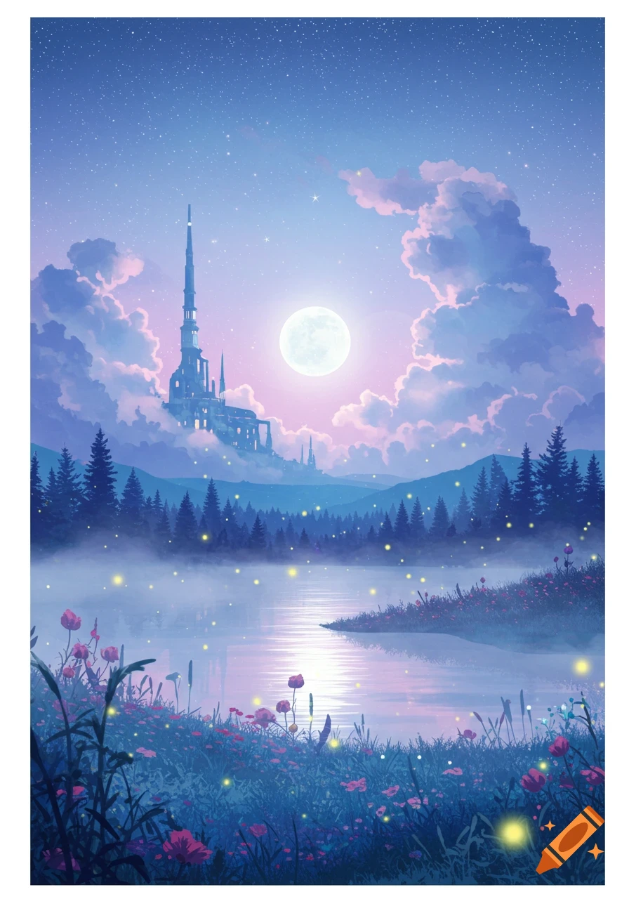 A dreamy night landscape with a towering castle, full moon, misty lake, forest, and glowing fireflies.