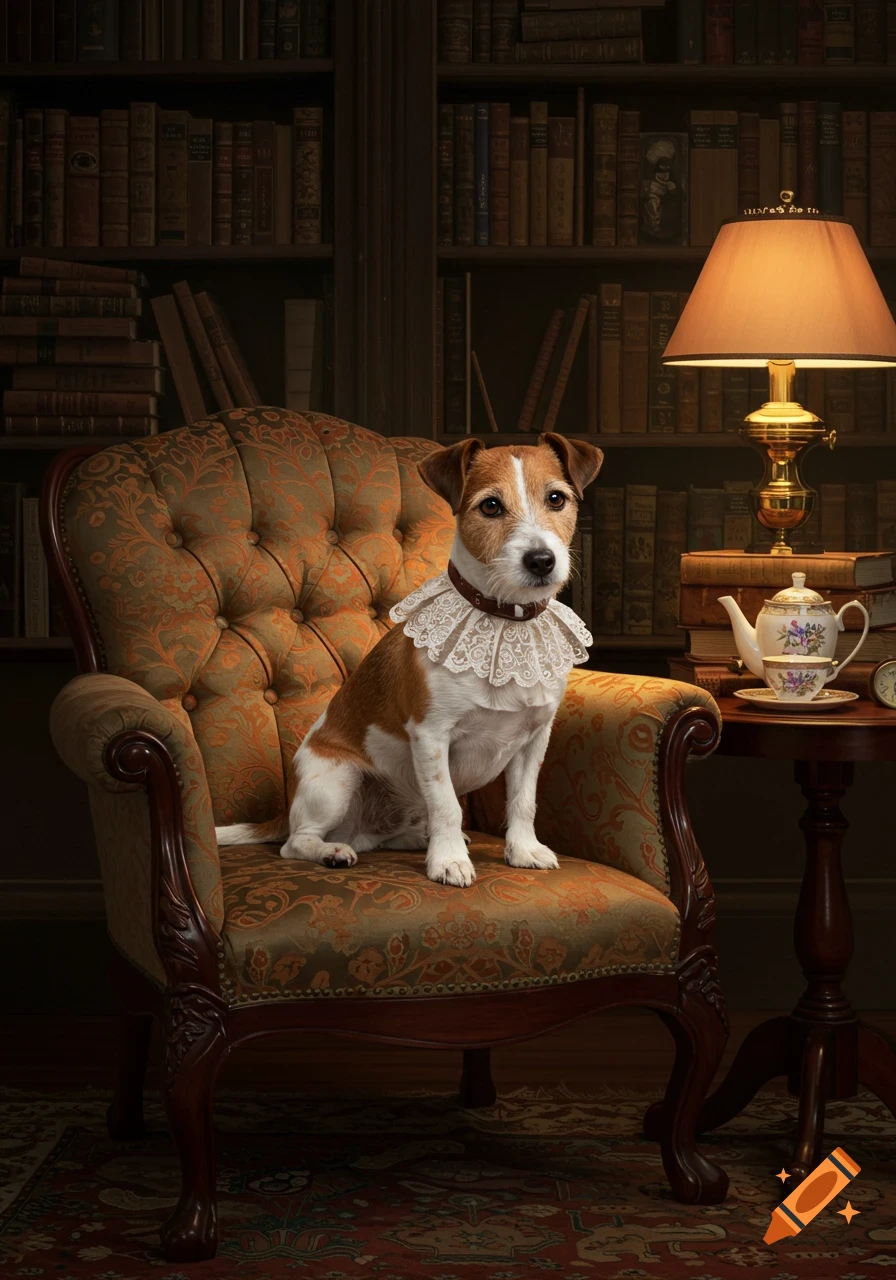 A Jack Russell terrier in a frilly lace collar sits on an ornate armchair in a dimly lit library filled with bookshelves and a side table with a lamp and tea set.