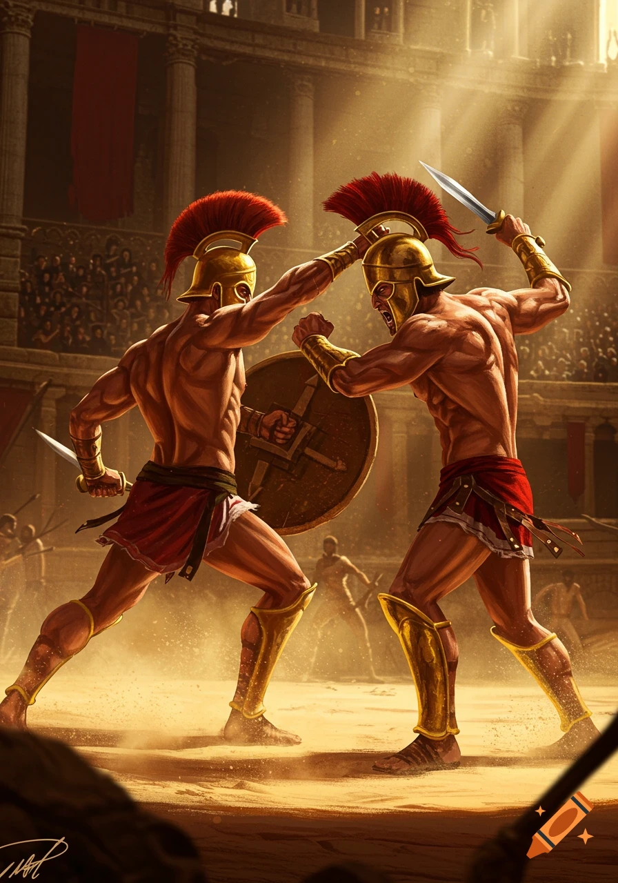 Two muscular gladiators in gold helmets and red skirts fight with a sword, shield, and dagger in a sandy arena with a cheering crowd.