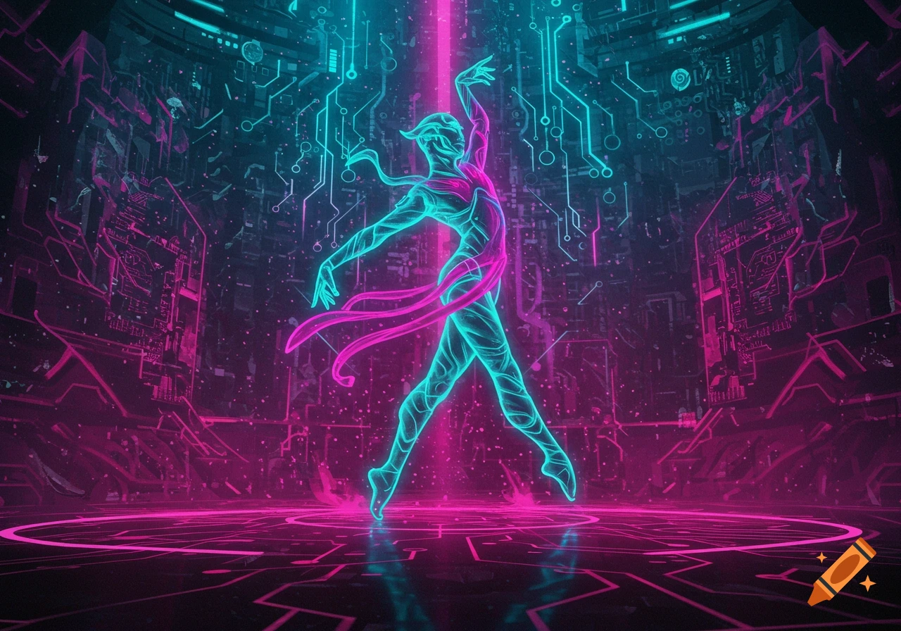 A glowing, stylized dancer in a neon blue and pink cybernetic environment with circuit board patterns, digital art.