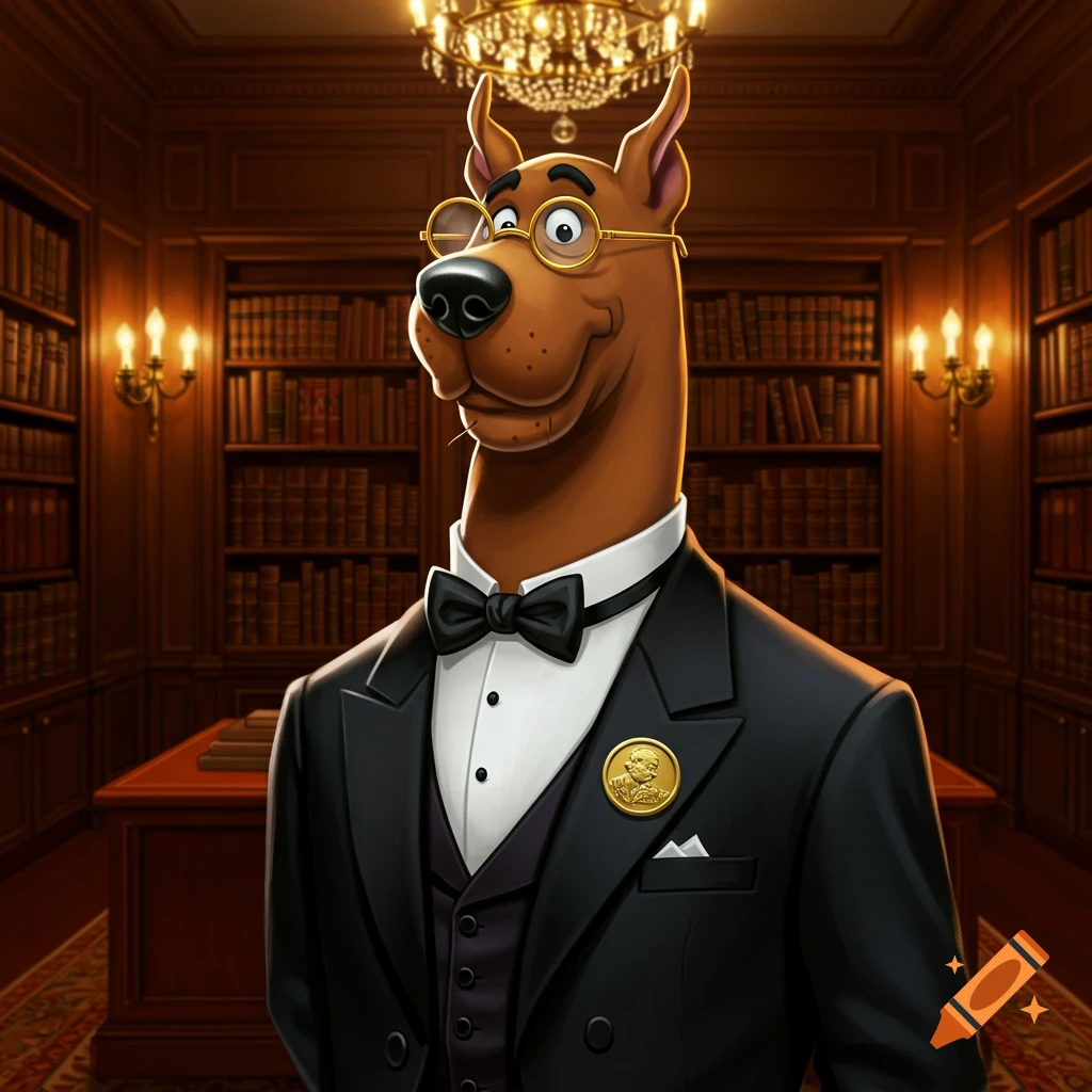 Cartoon Scooby Doo wearing a tuxedo, bowtie, and glasses in a fancy library.