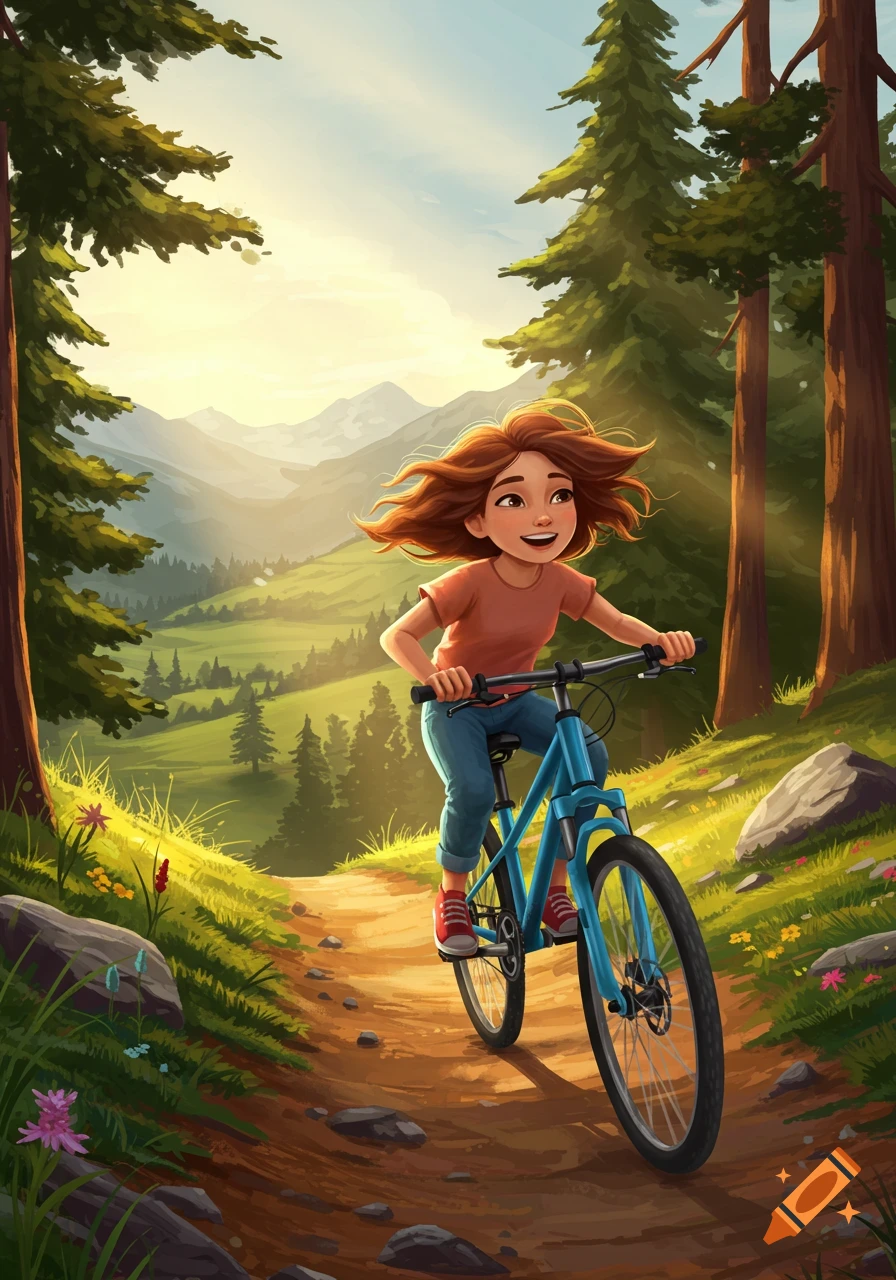 A happy cartoon girl with flowing brown hair rides a blue bicycle on a dirt path through a sunny mountain forest.