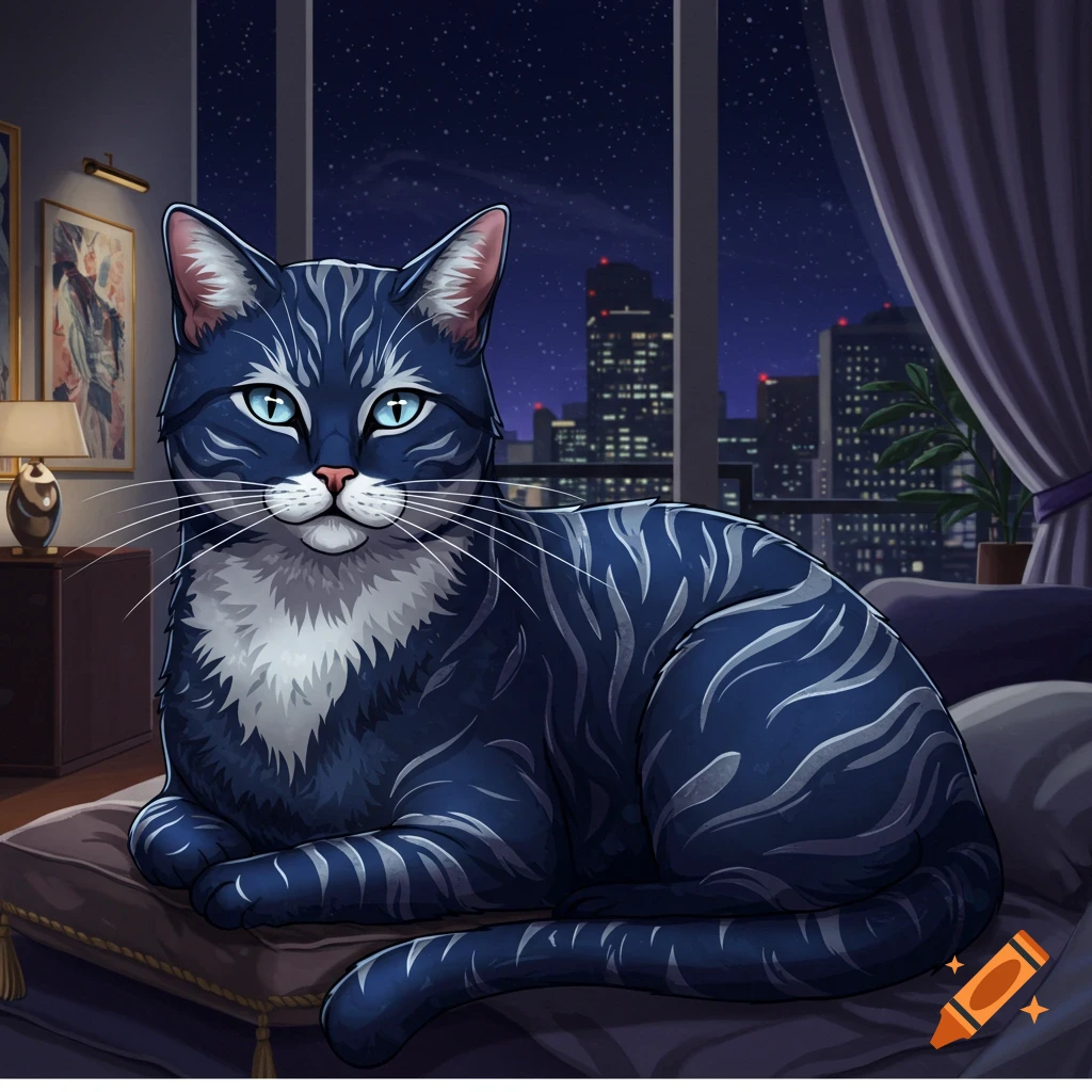 A stylized dark blue tabby cat with bright blue eyes relaxes on a pillow by a window overlooking a nighttime city skyline.