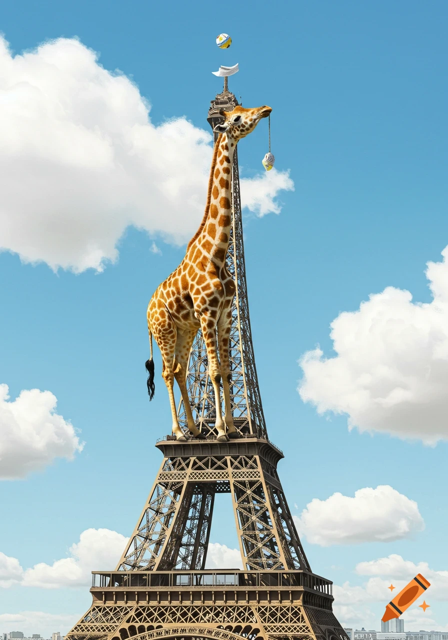 A photorealistic image of a giraffe balancing on the very top of the Eiffel Tower against a blue sky with clouds. Paper objects float around its head and one dangles from its mouth.