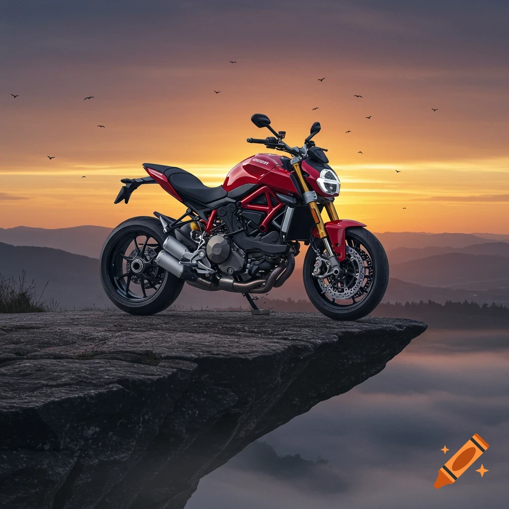 A red Ducati motorcycle parked on a rocky cliff edge, overlooking misty mountains under a vibrant sunset sky.