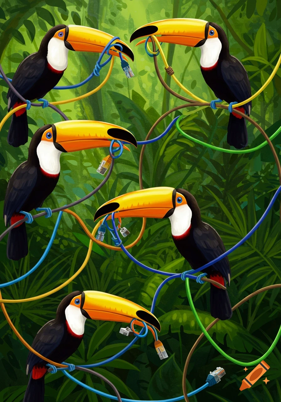 Five toucans perch on colorful network cables intertwined in a lush green jungle, in a vibrant digital art style.