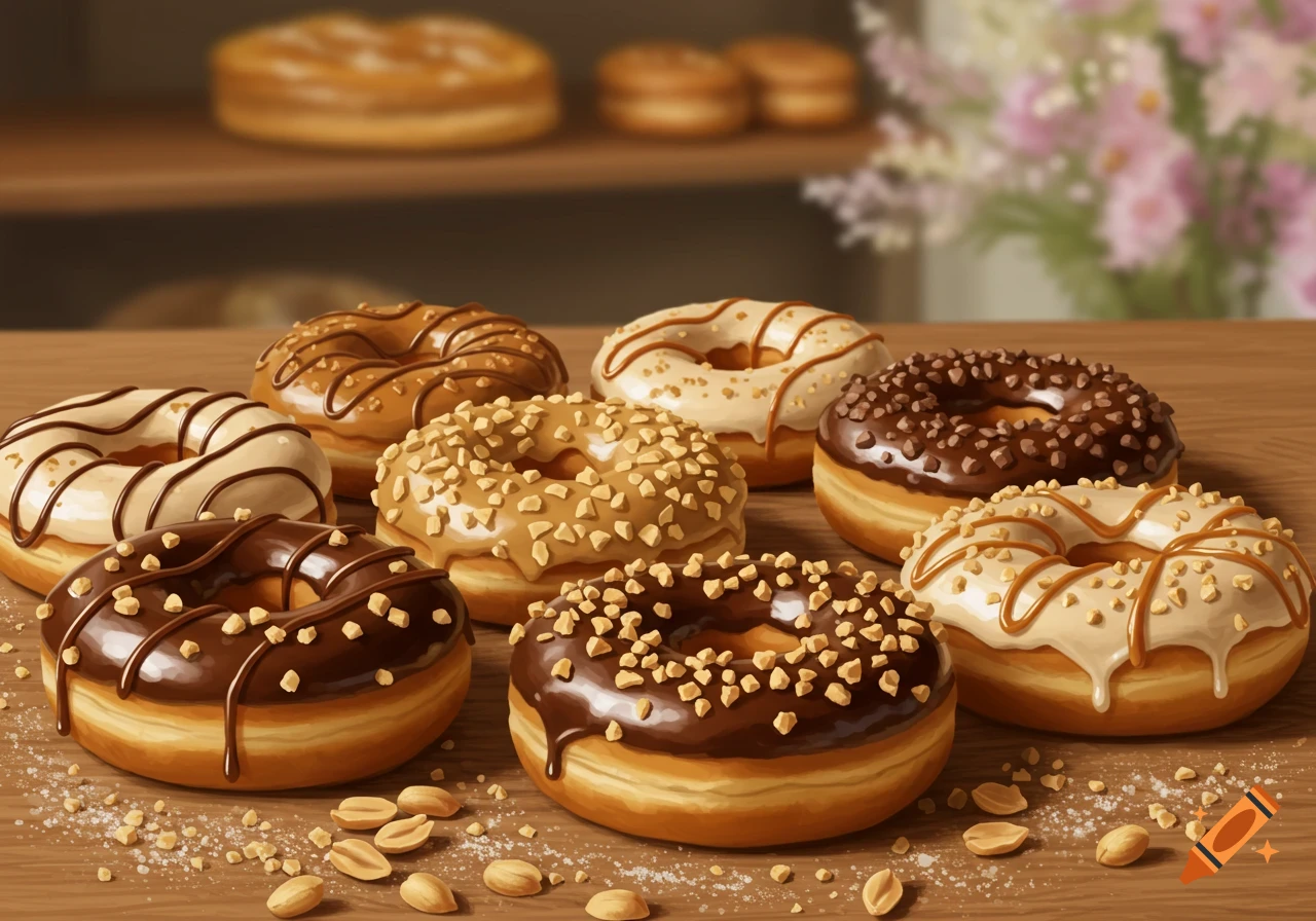 A close-up of various donuts with chocolate and peanut toppings on a wooden table.