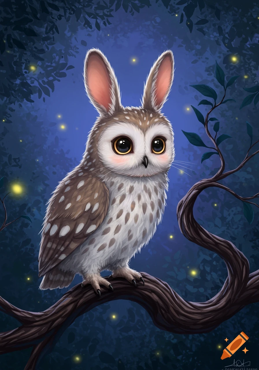 A cute, whimsical illustration of a bunny owl with big eyes perched on a branch in a dark forest at night with fireflies.