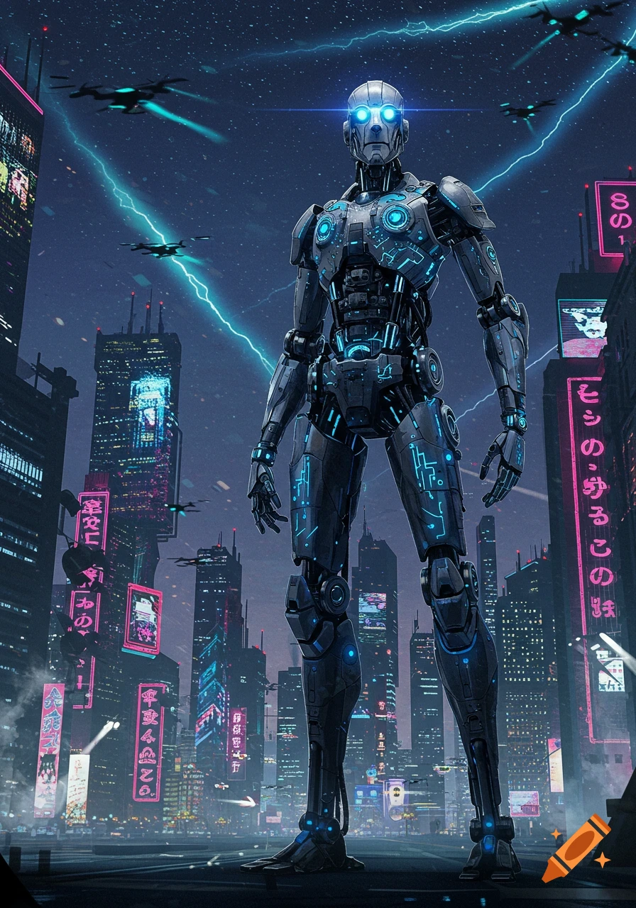 A giant humanoid robot with glowing blue eyes and circuitry stands in a futuristic cyberpunk city with neon signs and flying drones at night.