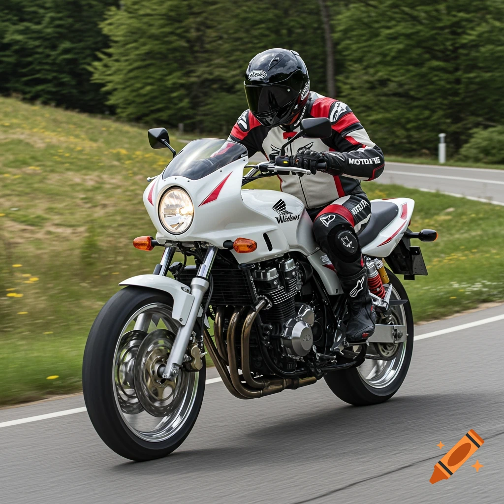 A rider on a white and red Honda motorcycle leans into a curve on a winding road with a forest background.