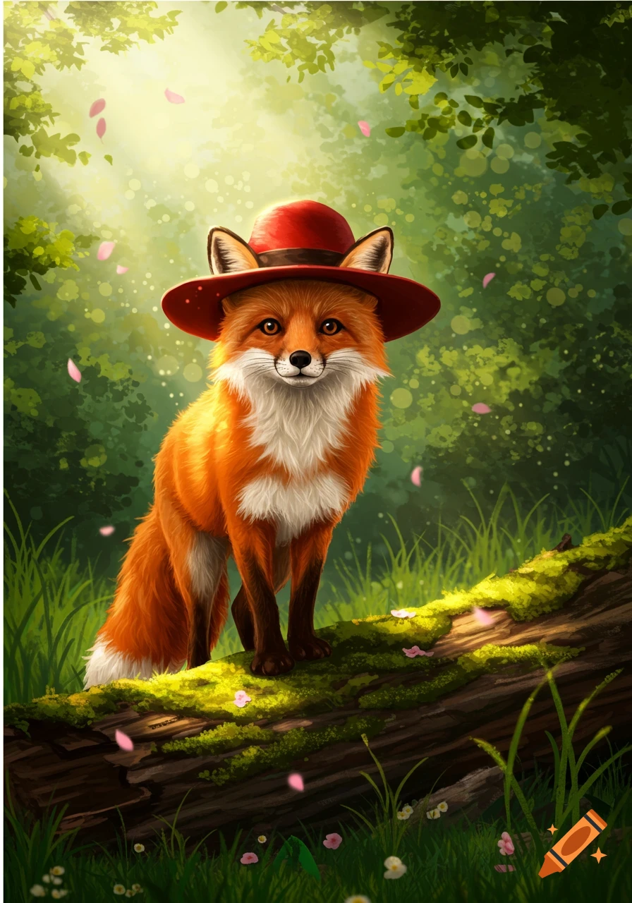 A cute orange fox in a red hat stands on a mossy log in a sunlit forest with pink petals, illustration.