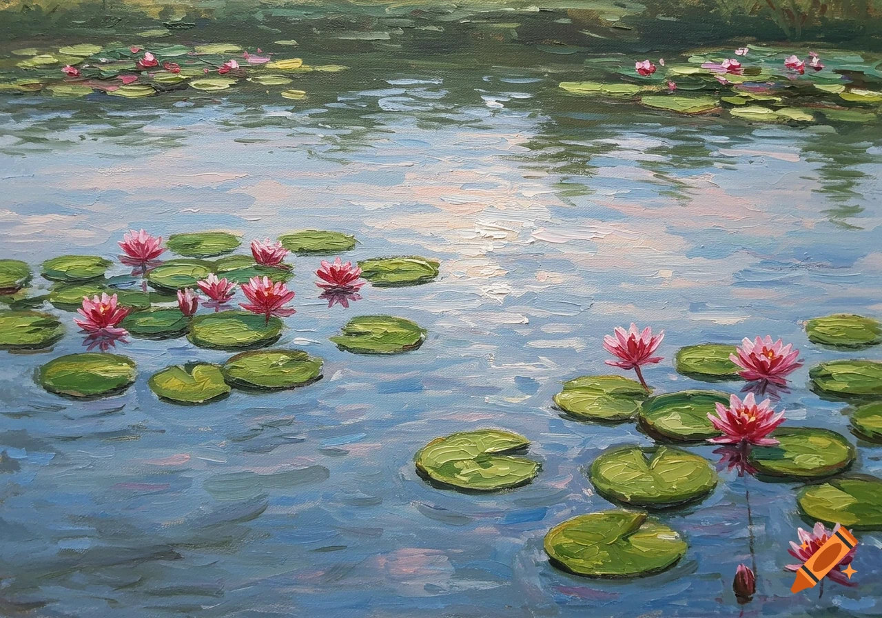 Impressionist painting of pink water lilies and green lily pads floating on a pond with soft rippling water.