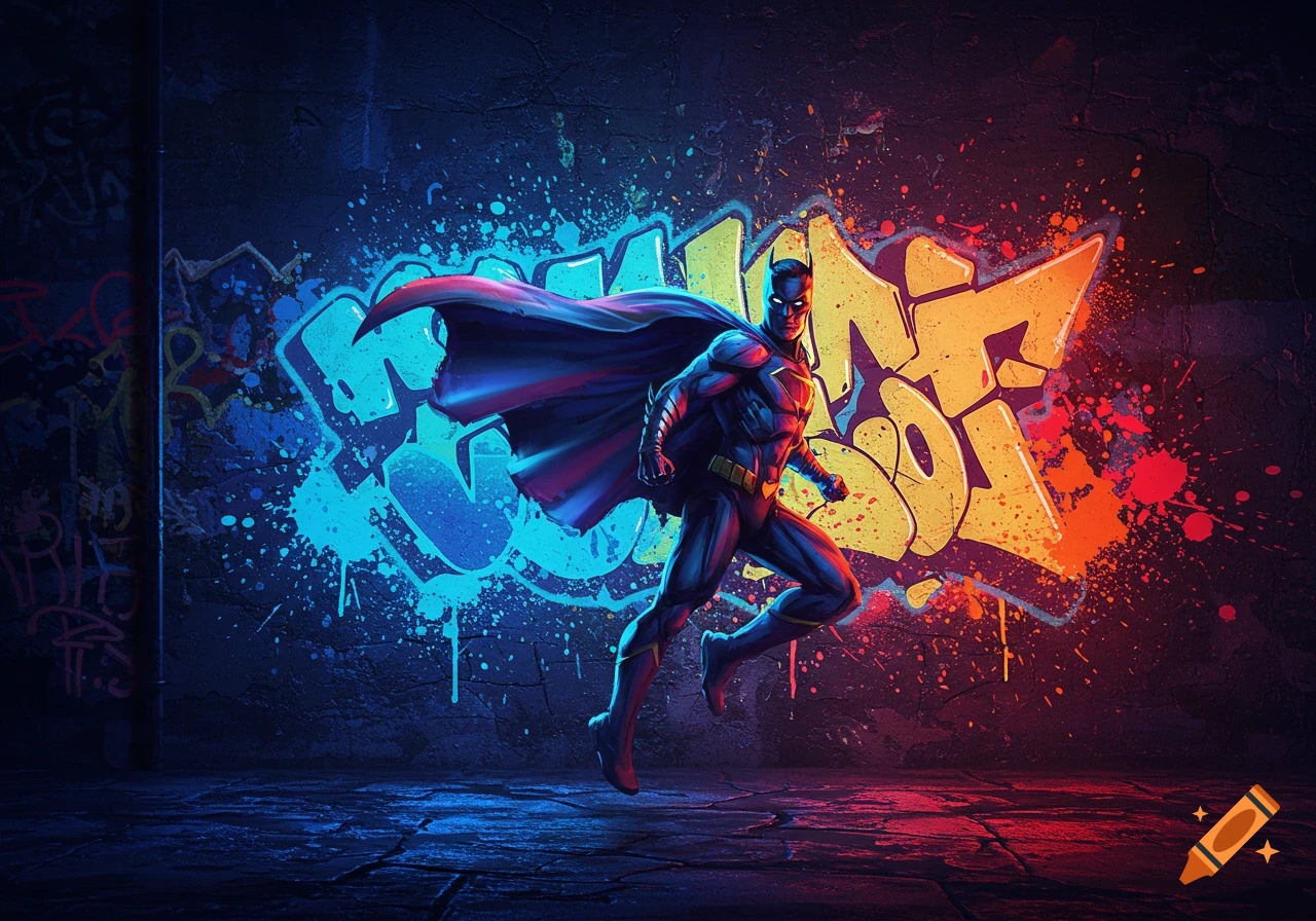 Batman stands against a vibrant blue, yellow, and red neon graffiti wall, in a dynamic street art style.