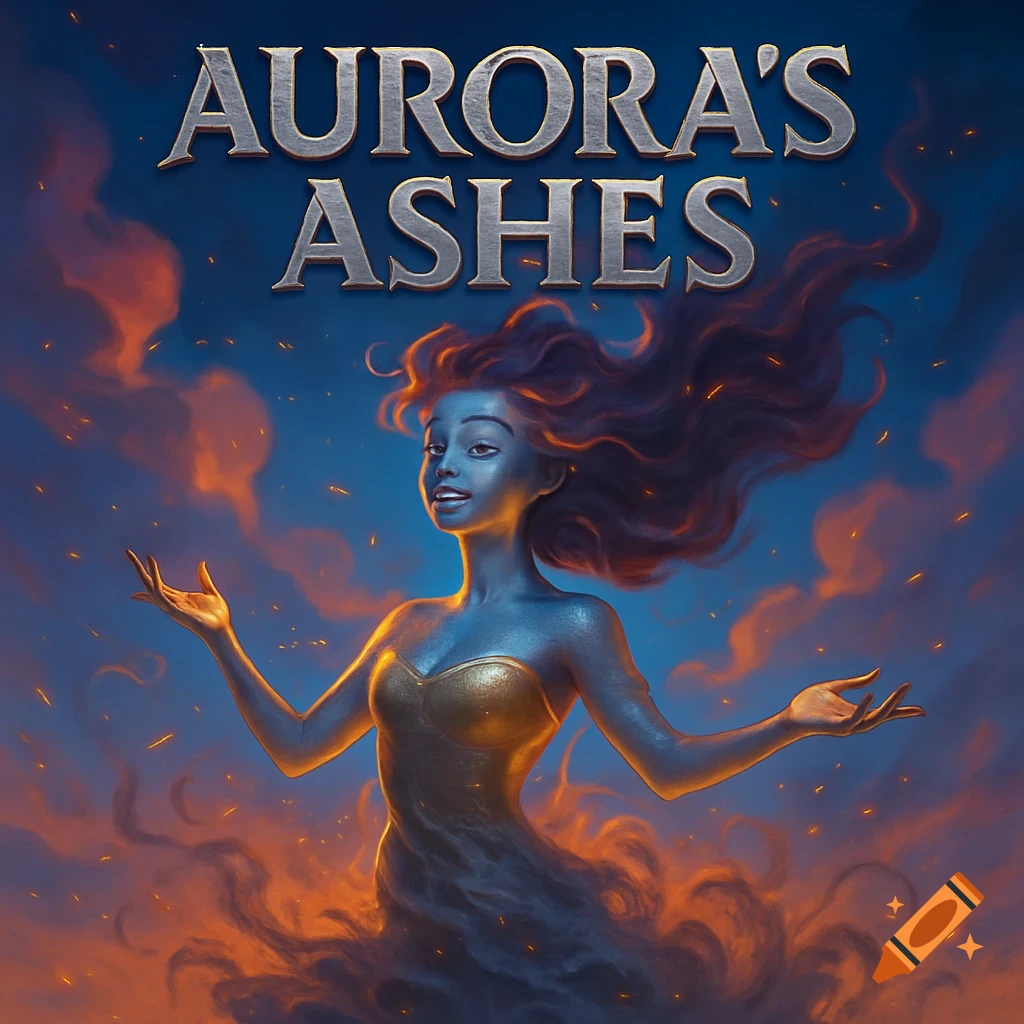 Blue-skinned goddess with flowing red hair rising from fiery smoke, 'AURORA'S ASHES' title above, in a Disney fantasy illustration style.