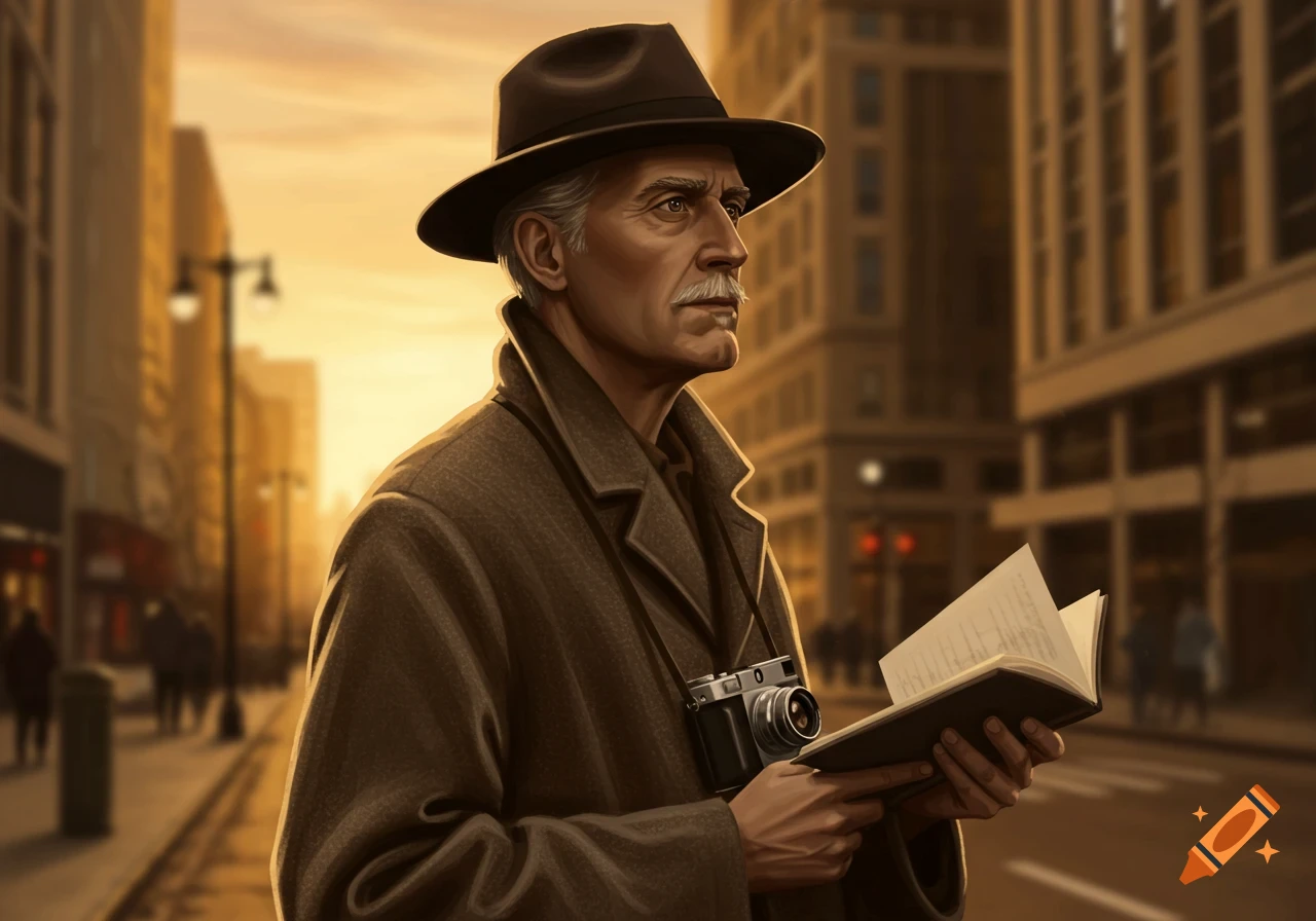 Stylized illustration of a man in a fedora and trench coat, holding a book and wearing a camera on a city street.