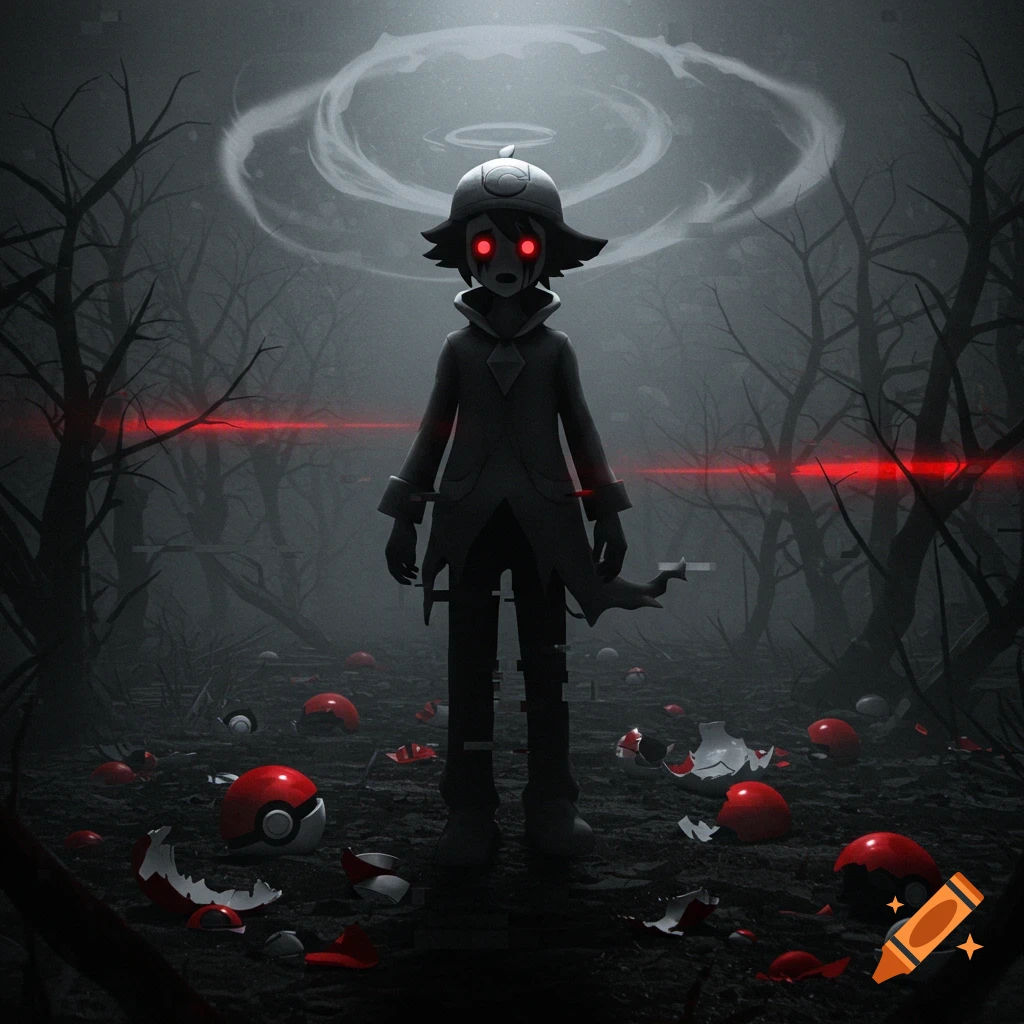 A creepy, stylized Pokemon trainer in a dark, foggy forest with glowing red eyes, black tears, and glitch effects, surrounded by broken Pokeballs.