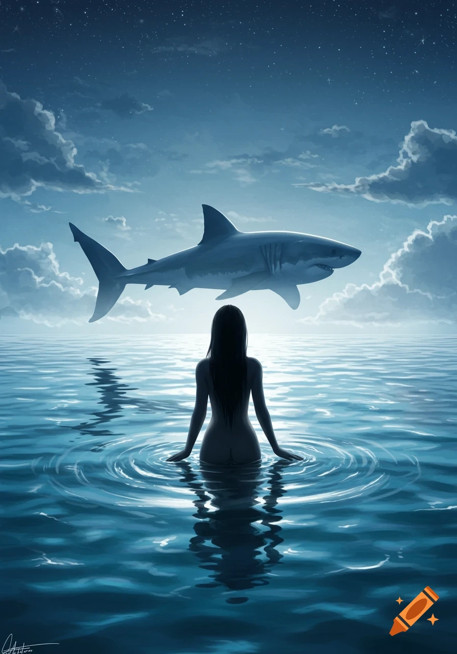 A woman stands in the dark blue ocean at night, silhouetted against a large shark swimming in the starry sky, digital art.