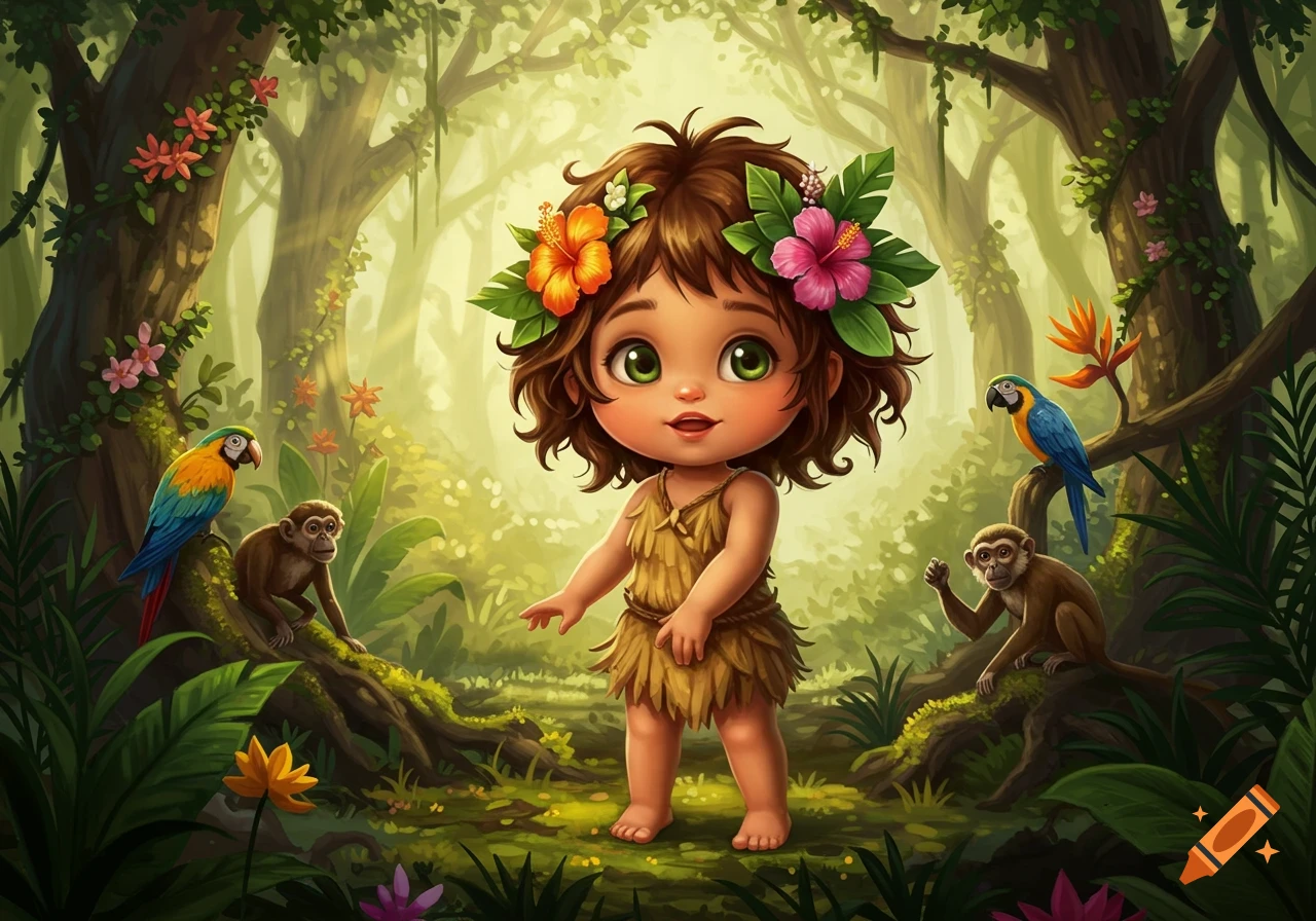 Cute, big-eyed cartoon jungle girl with flowers in her hair and a leafy outfit, standing barefoot in a vibrant, sunlit jungle with monkeys and parrots.