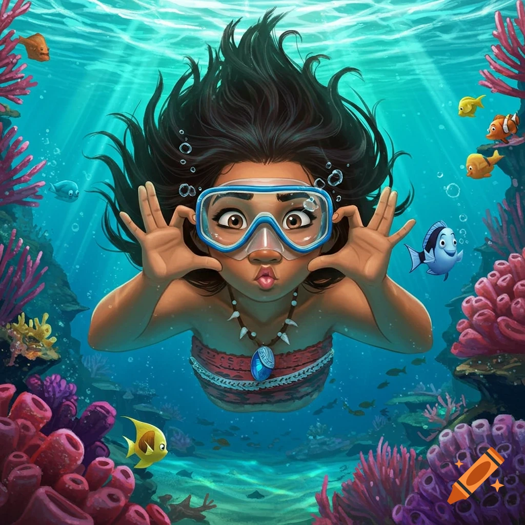 Cartoon Moana in goggles makes a fish face underwater surrounded by colorful coral and fish.