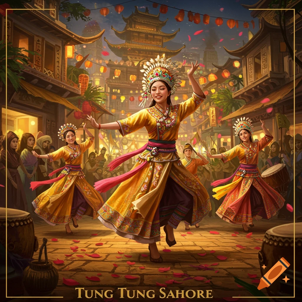 Three women in elaborate traditional yellow and red costumes dance on a cobblestone street with flower petals. East Asian-style buildings, lanterns, and onlookers fill the vibrant background.