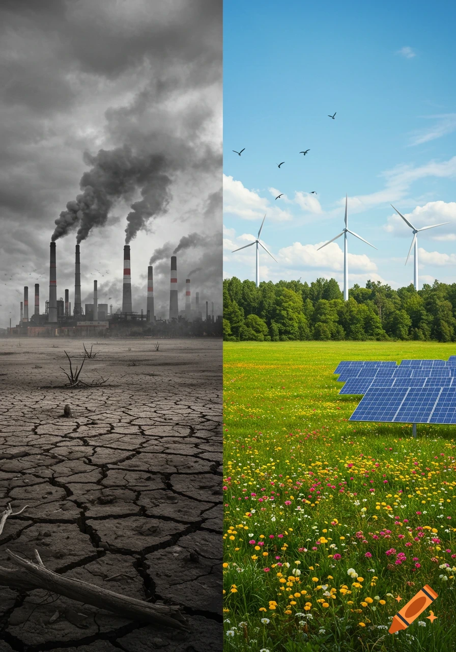 A split image showing a polluted industrial landscape with smoking factories on the left and a thriving green field with wind turbines and solar panels on the right.