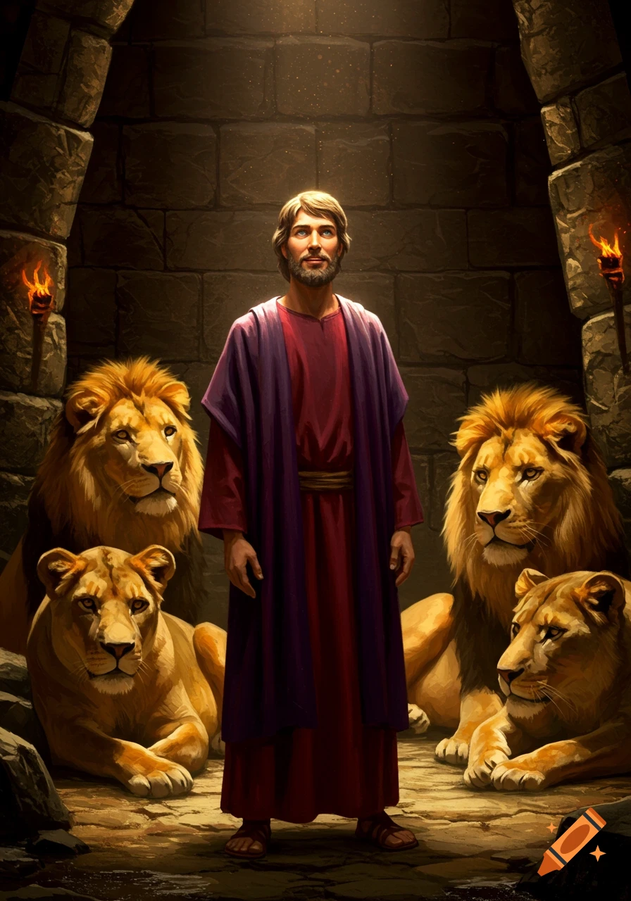 A man in robes stands calmly among four lions in a torchlit stone chamber, a biblical scene.