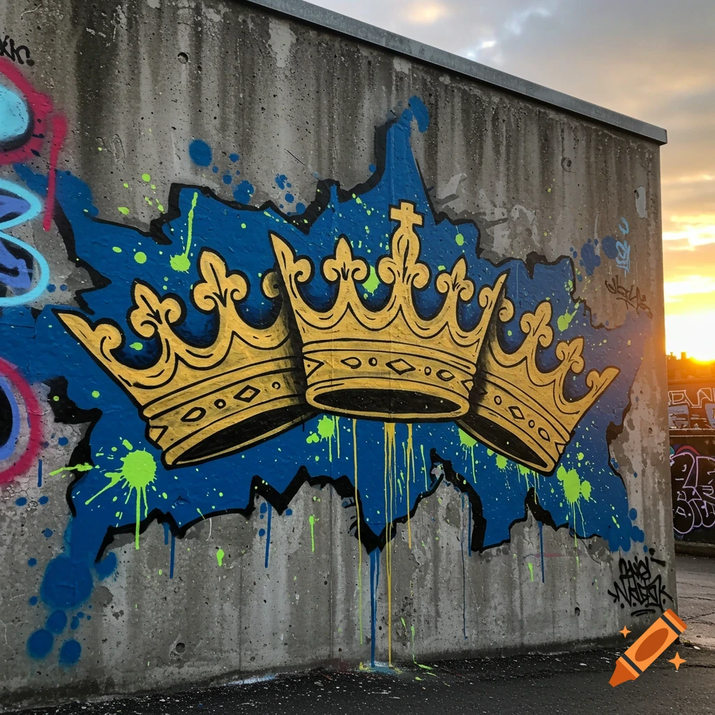 Graffiti art of three golden crowns with blue and green paint splatters on a concrete wall at sunset.