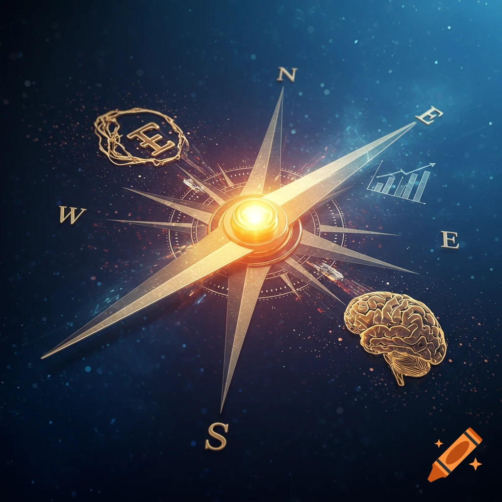 A glowing golden compass on a dark blue background, with 'N', 'W', 'S', 'E' directions. Symbols for brain and graph are visible.